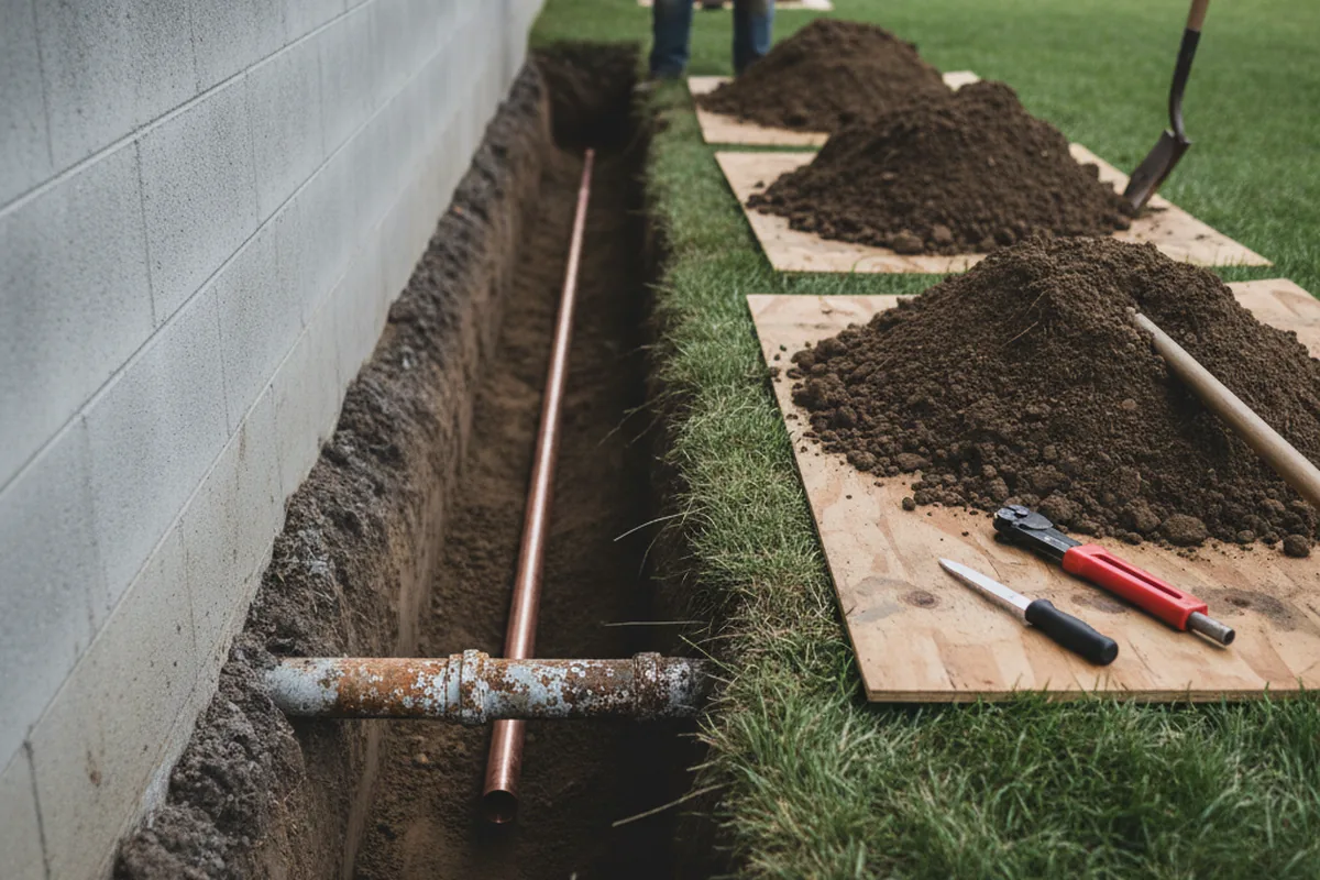 Excavated water line trench during Sewer Line Repair in Placerville